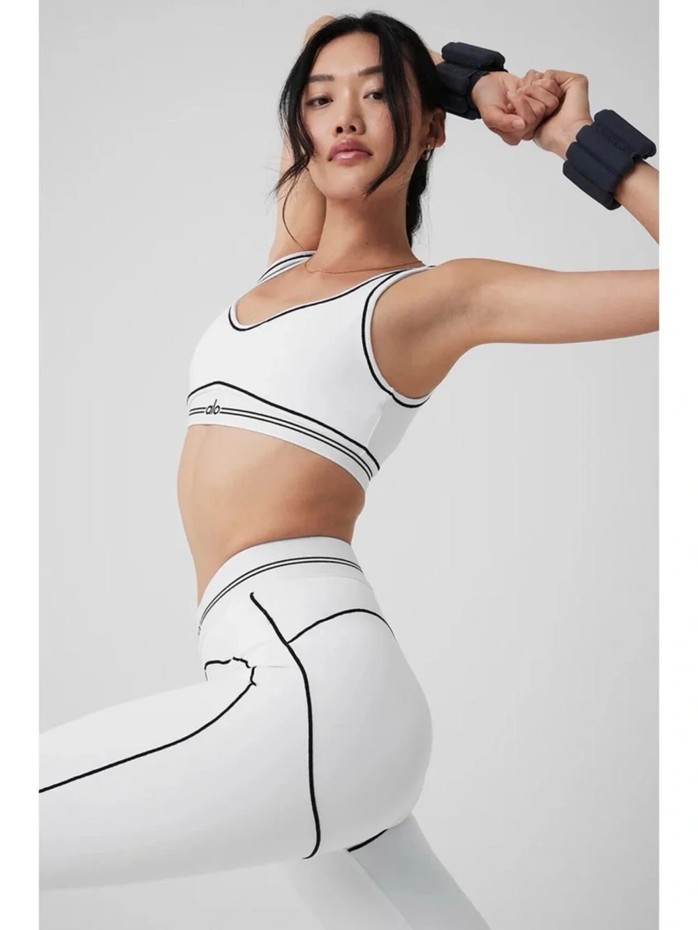Alo Yoga NWT 2 Piece Set White Black Piping Sports Bra & Leggings